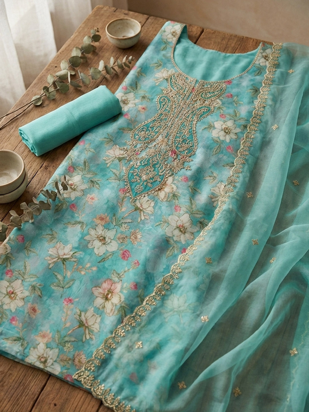 Embroidered Cotton Blend Unstitched Suit With Pant &amp; Dupatta