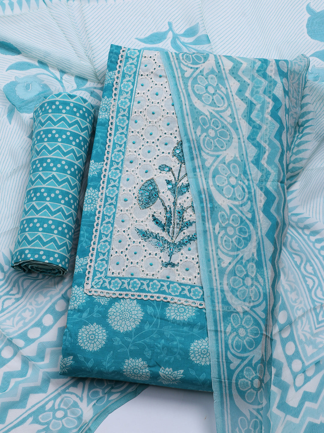 Printed Cotton Blend Unstitched Kurta With Pant &amp; Dupatta