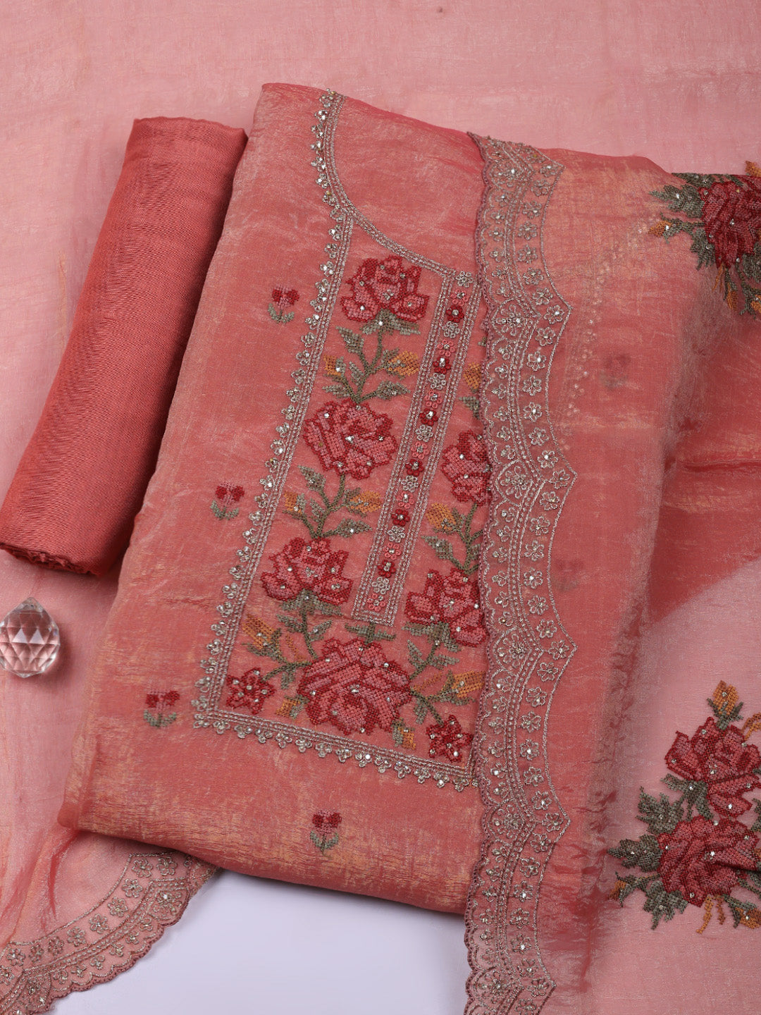 Embroidered Tissue Unstitched Suit With Pant &amp; Dupatta