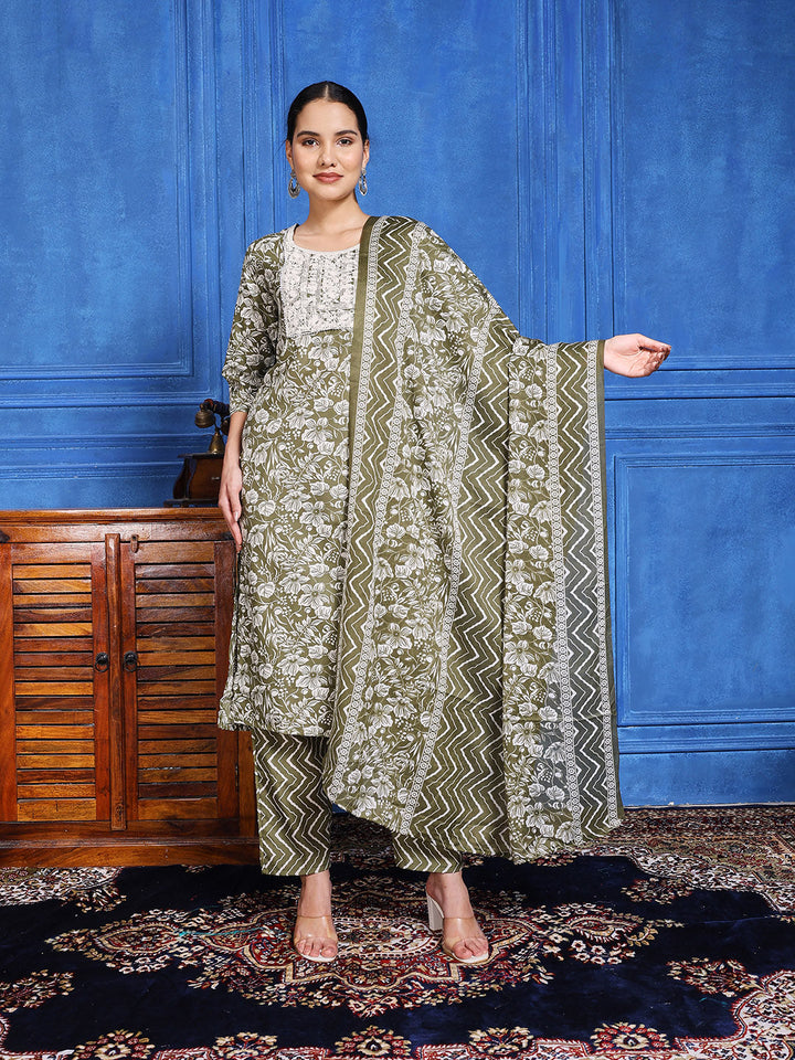 Printed Cotton Blend Kurta With Pants &amp; Dupatta