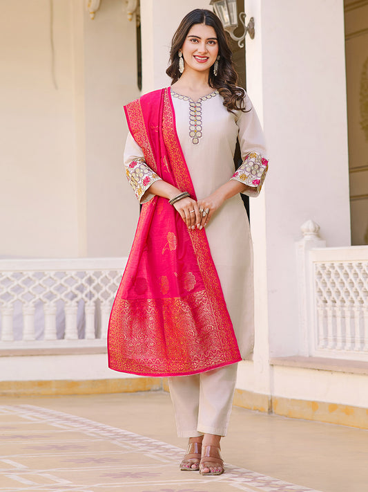 Neck Embroidery Cotton Blend Kurta With Pants & Dupatta