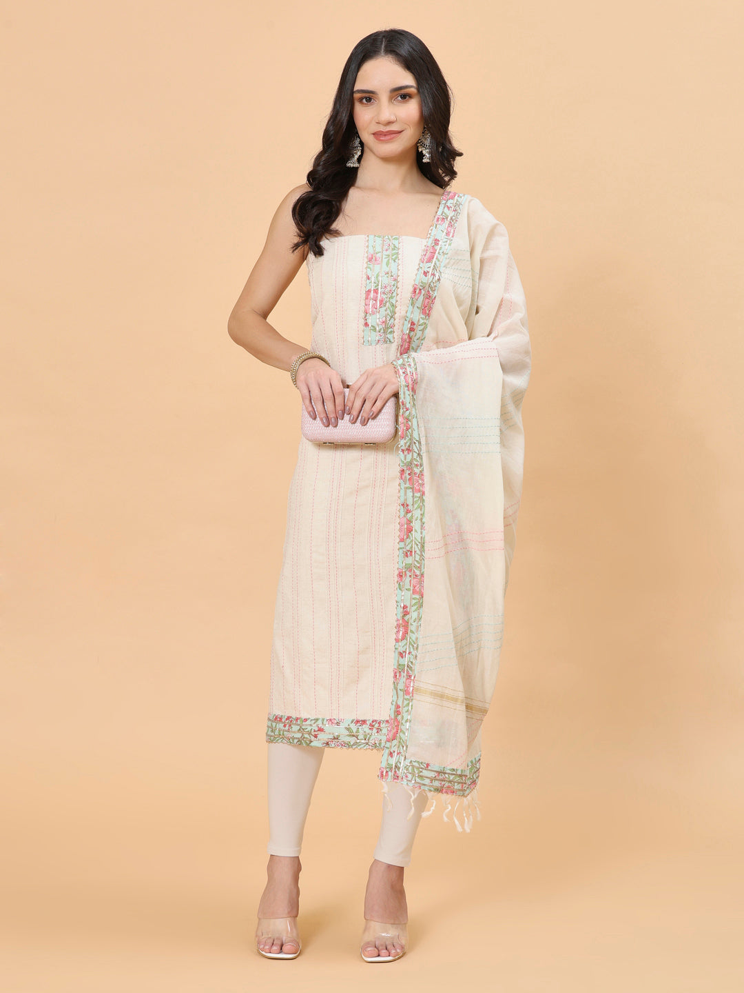 Neck Patti Cotton Blend Unstitched Suit Piece With Dupatta