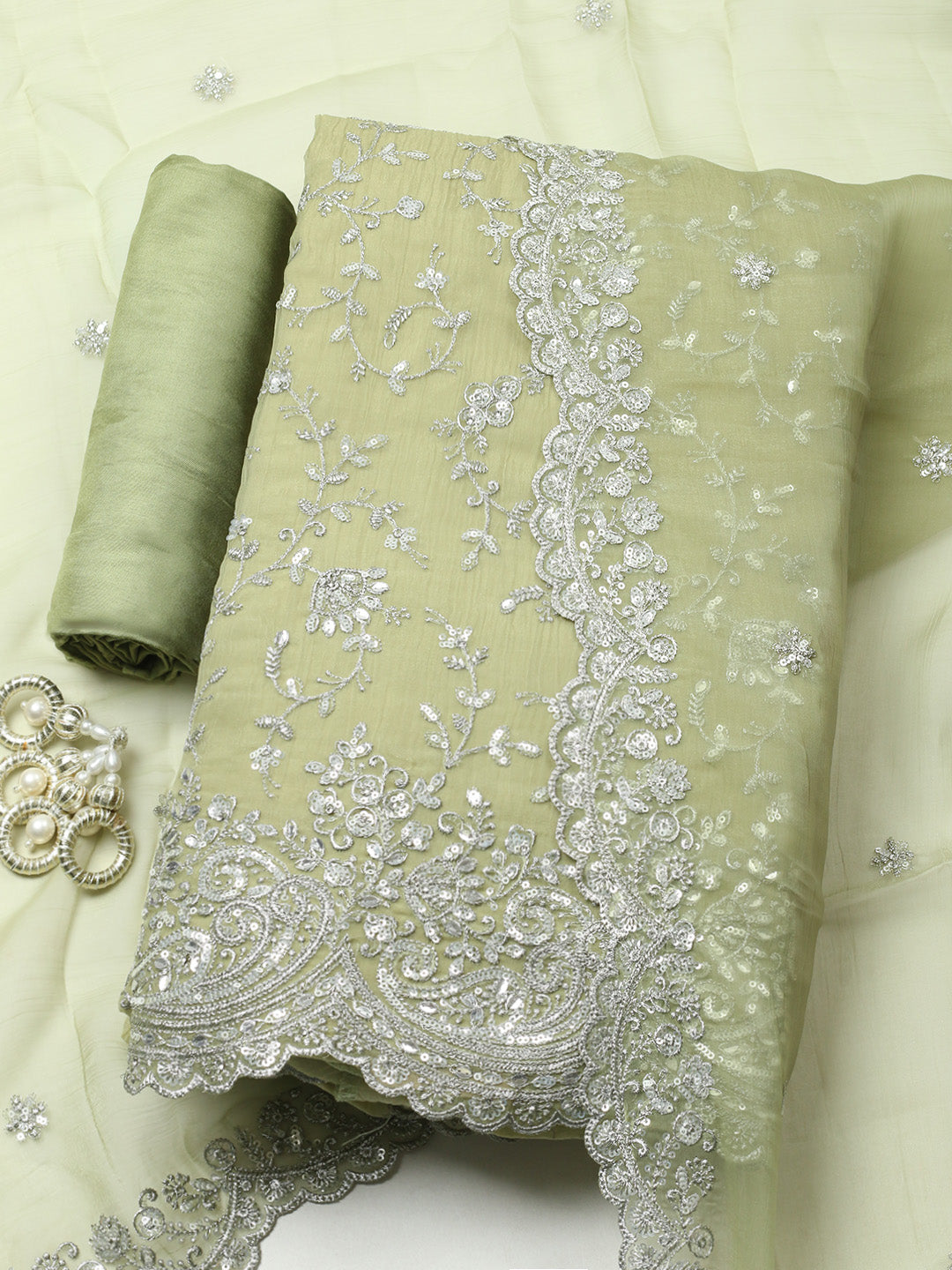 Embroidered Organza Unstitched Suit With Pant &amp; Dupatta
