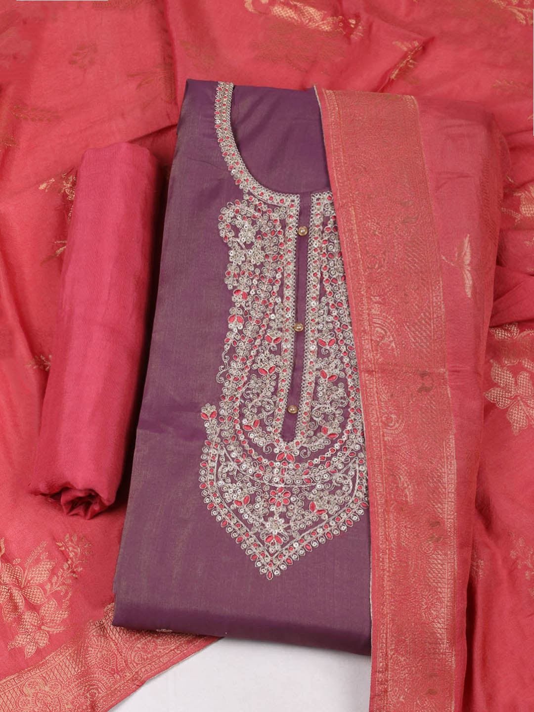 Embroidered Chanderi Unstitched Suit With Pant &amp; Dupatta