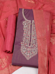 Embroidered Chanderi Unstitched Suit With Pant & Dupatta