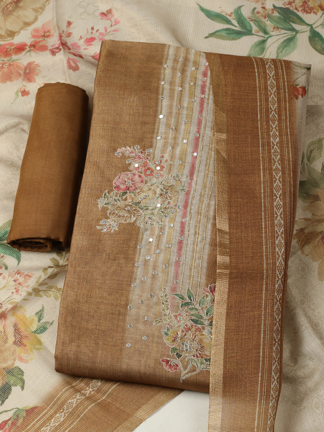 Embroidered Tissue Unstitched Suit With Pant &amp; Dupatta