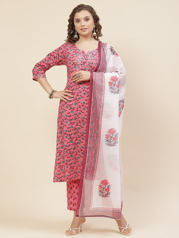 Floral Printed Cotton Kurta With Pants & Dupatta