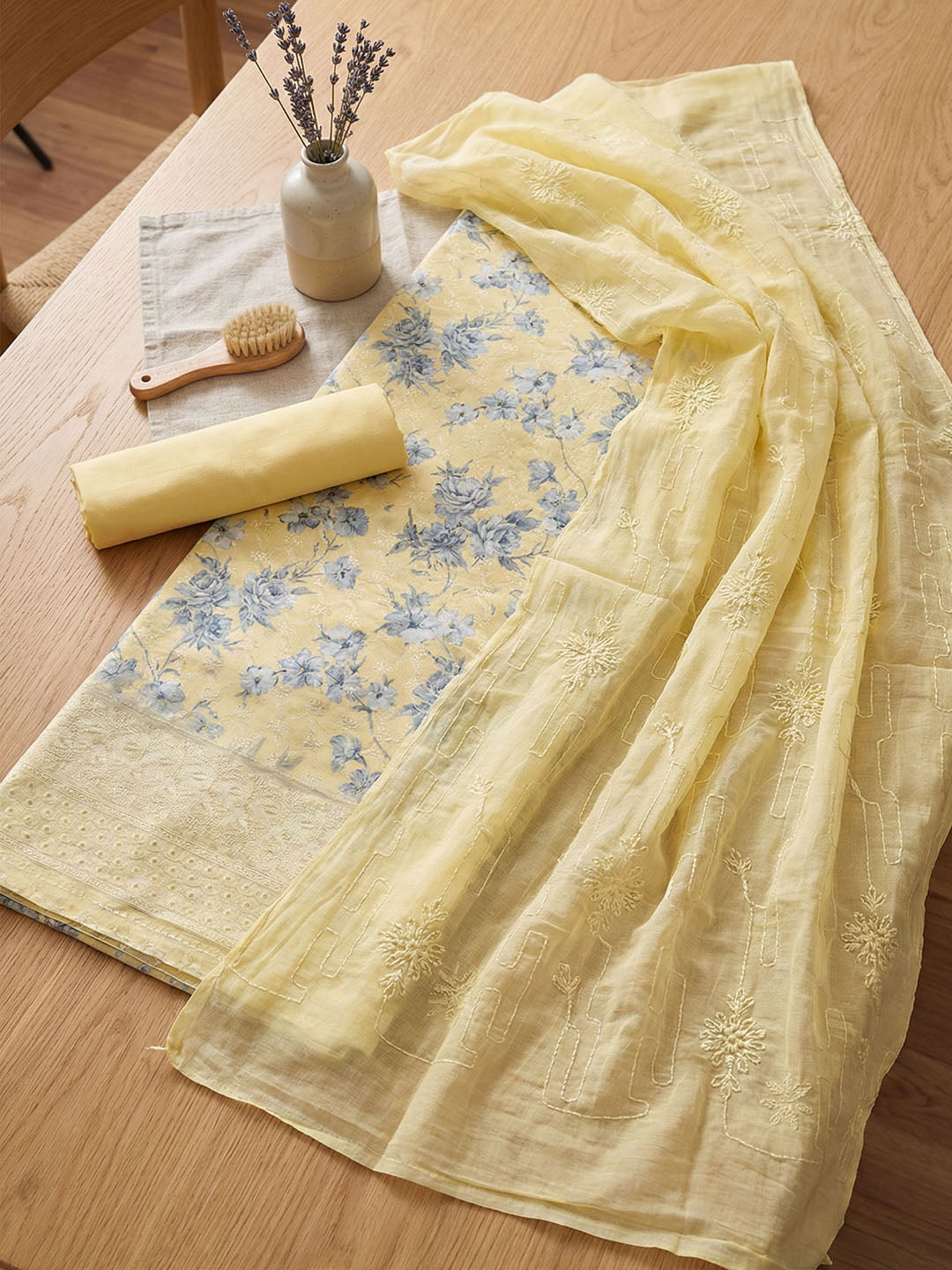 Embroidered Cotton Blend Unstitched Suit With Pant &amp; Dupatta