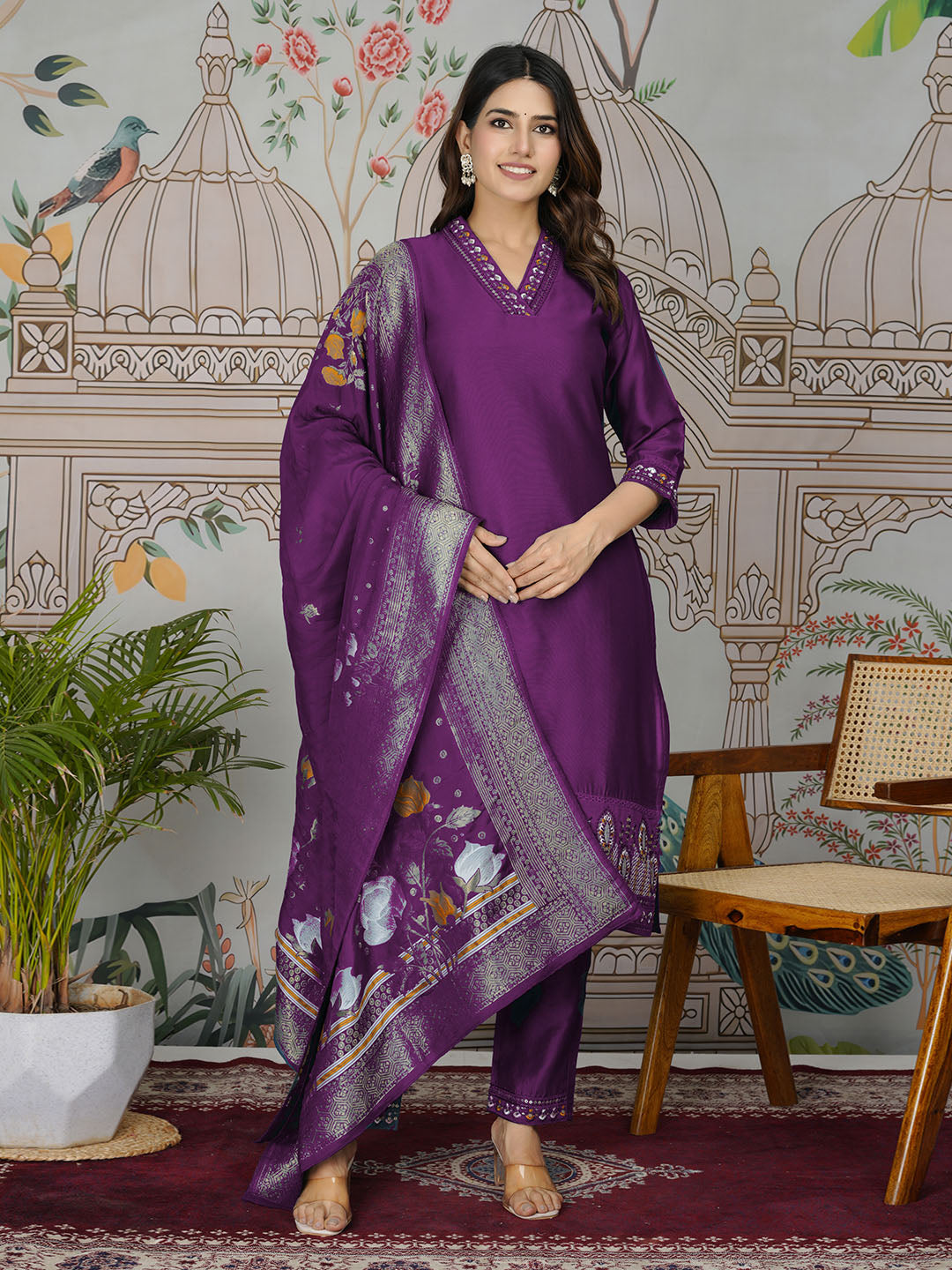 Embroidered Tissue Kurta With Pants &amp; Dupatta