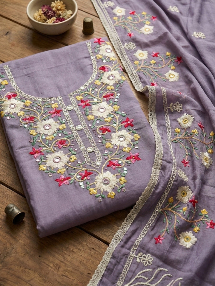 Embroidered Cotton Unstitched Suit With Pant &amp; Dupatta