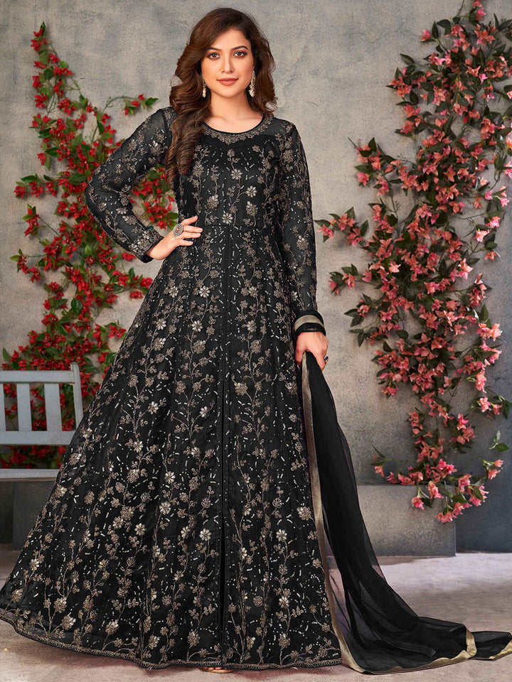 Embroidered Net Semi Stitched Kurta With Pant &amp; Dupatta