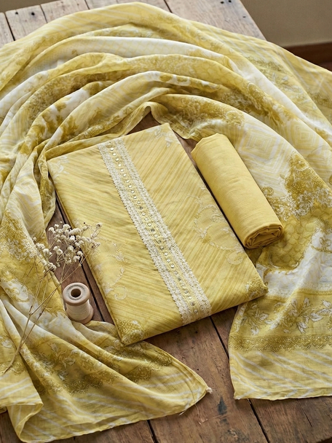 Embellished Cotton Blend Unstitched Suit With Pant &amp; Dupatta