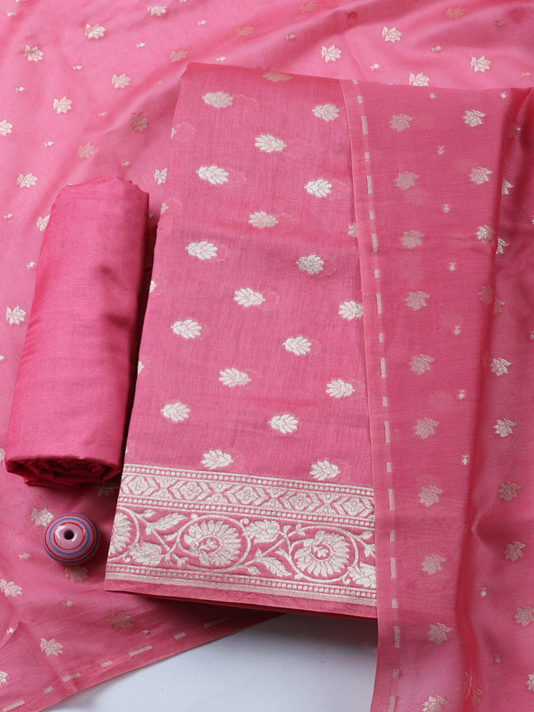 Embroidered Chanderi Unstitched Suit With Pant &amp; Dupatta