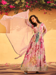 Printed & Embroidered Chinon Gown With Dupatta