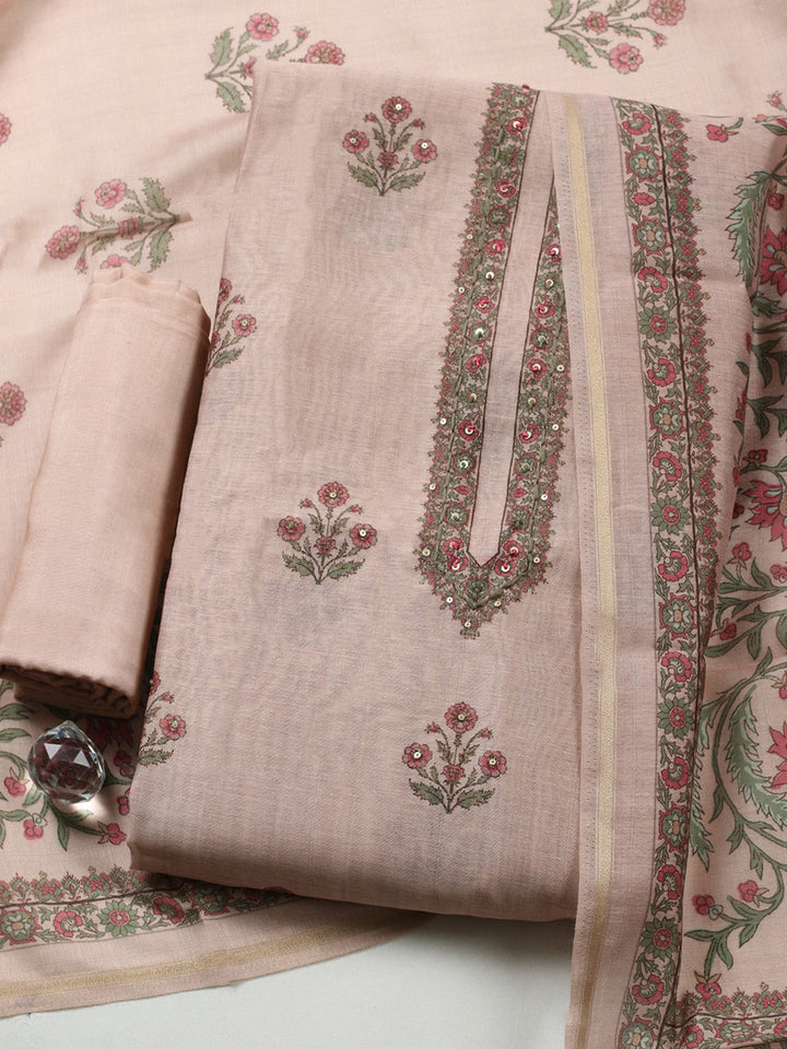 Embroidered Chanderi Unstitched Suit With Pant &amp; Dupatta
