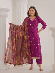 Neck Embroidery Cotton Blend Kurta With Pants & Dupatta