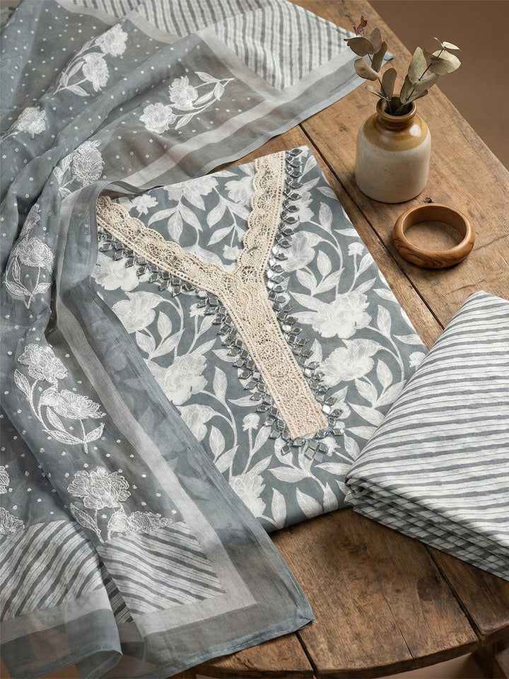 Printed Chanderi Unstitched Suit With Pant &amp; Dupatta