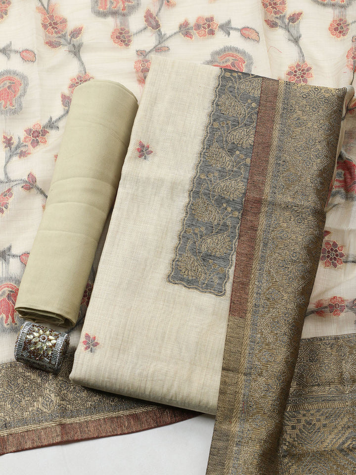 Woven Design Chanderi Unstitched Suit With Pant Dupatta