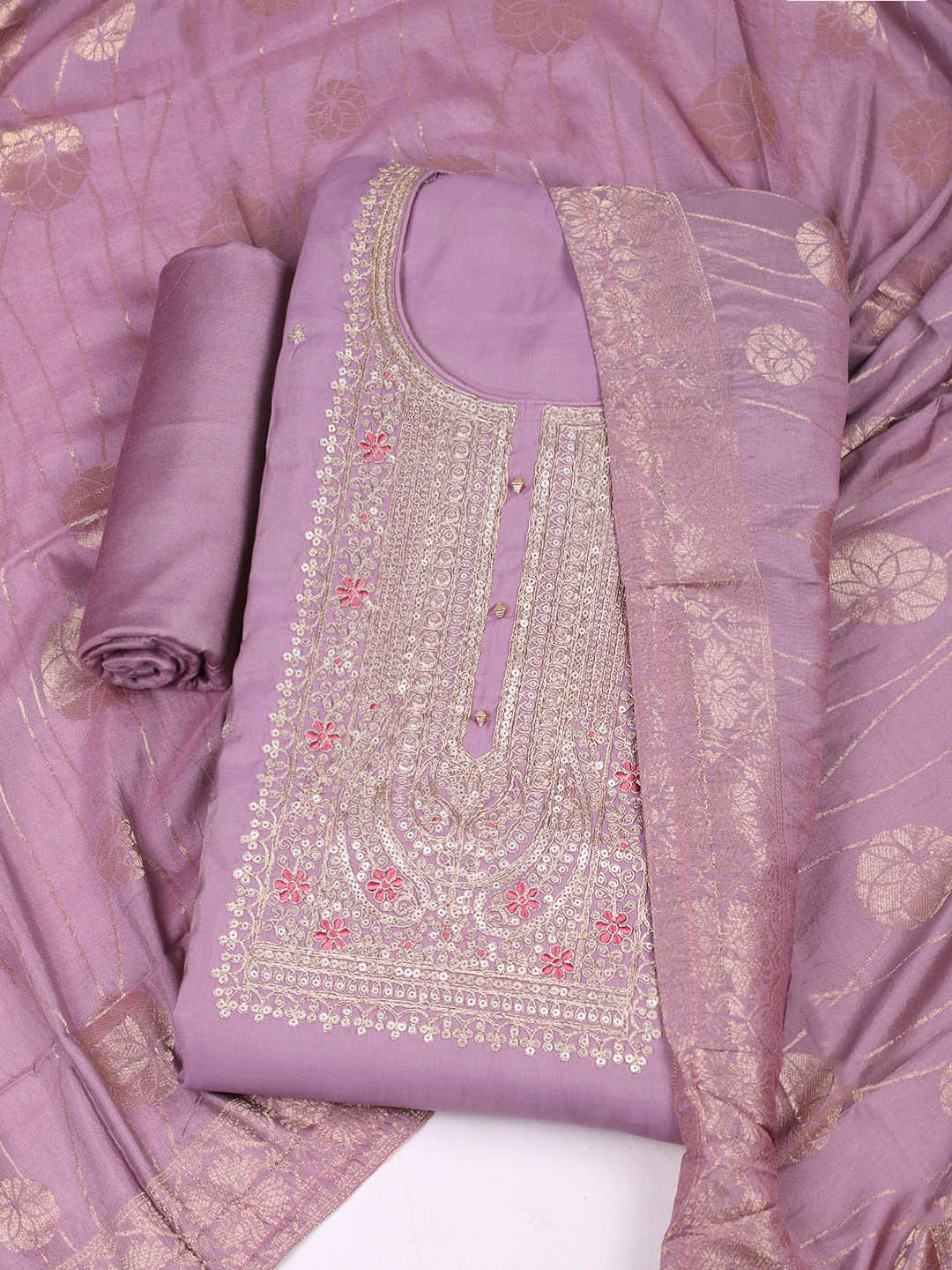 Embroidered Chanderi Unstitched Suit With Pant &amp; Dupatta