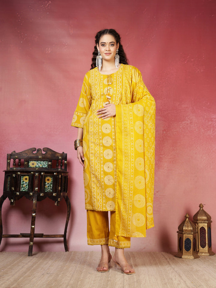 Mustard Cotton Blend Printed Straight Suit Set