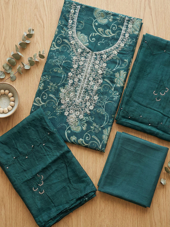 Embroidered Cotton Blend Unstitched Suit With Pant &amp; Dupatta