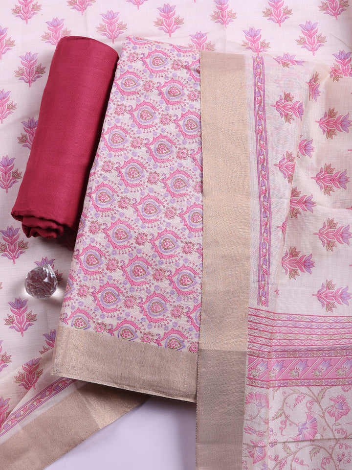 Printed, Chanderi Unstitched Suit With Pant &amp; Dupatta
