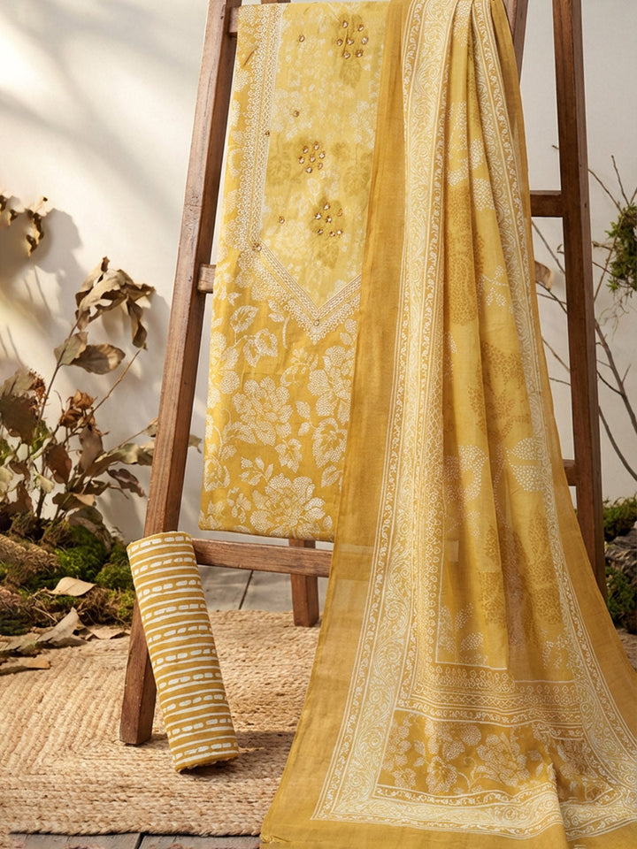Printed Cotton Blend Unstitched Suit With Pant &amp; Dupatta