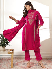 Zari Neck Embroidered Velvet Kurta With Pants & Dupatta