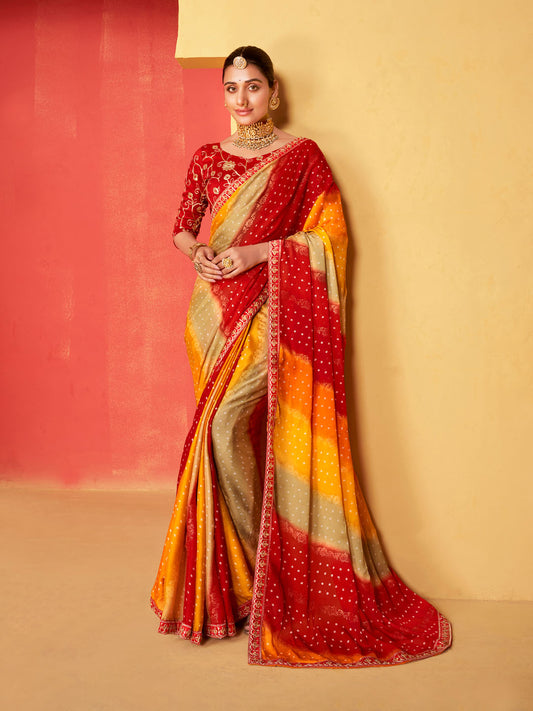 Bandhani Printed Chiffon Woven Saree