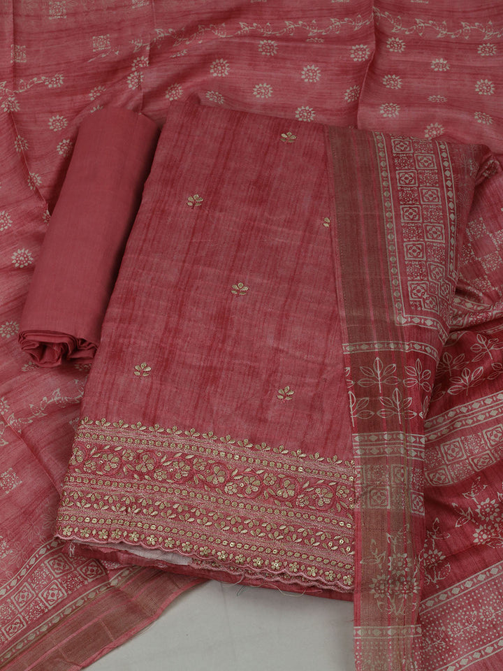 Embroidered Chanderi Unstitched Suit With Pant &amp; Dupatta