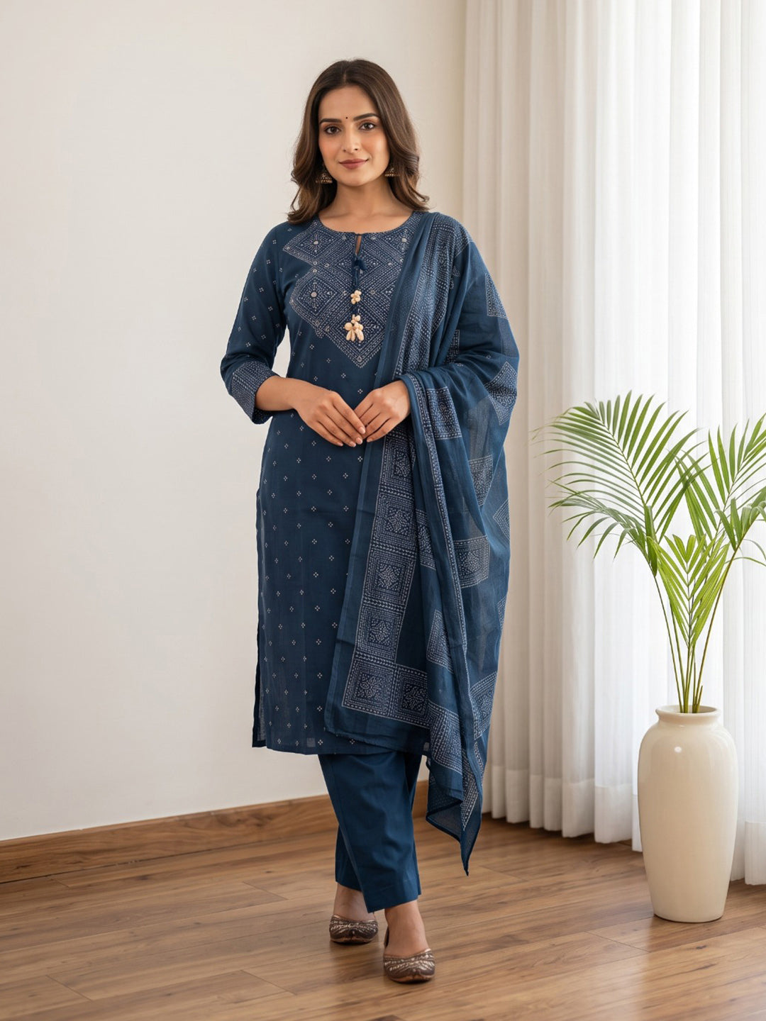 Blue Printed Cotton Blend Kurta With Pant &amp; Dupatta