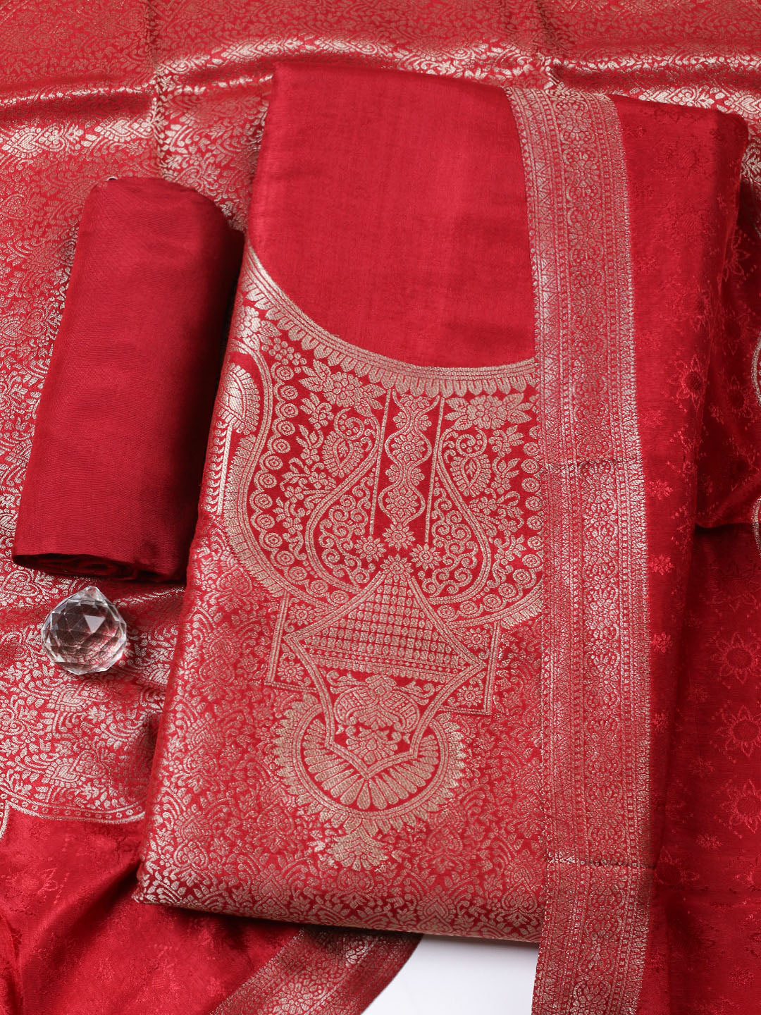 Embroidered Chanderi Unstitched Suit With Pant &amp; Dupatta
