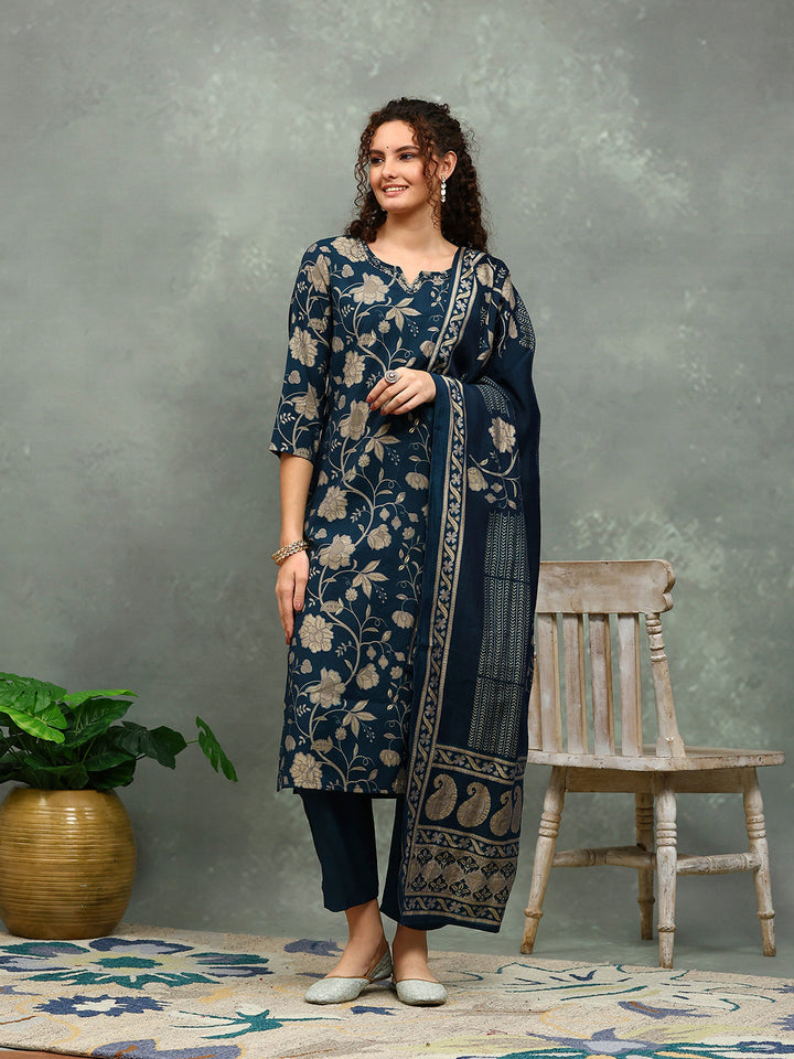 Printed Cotton Blend Kurta With Pants &amp; Dupatta