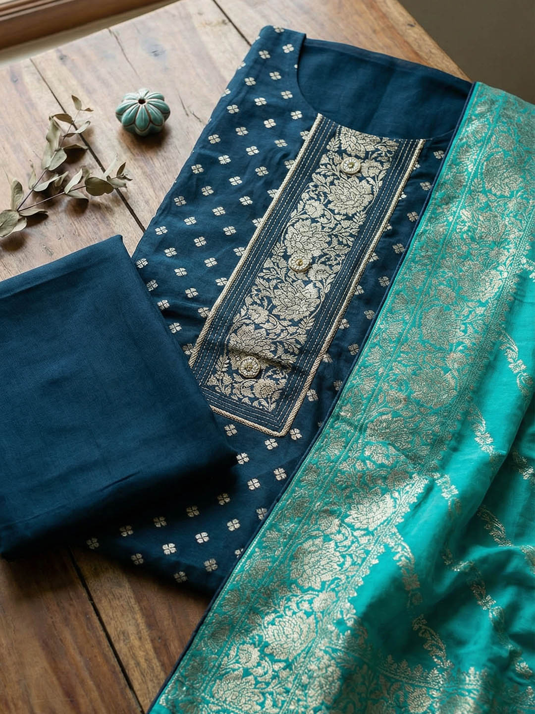 Woven Design Chanderi Unstitched Suit With Pant &amp; Dupatta
