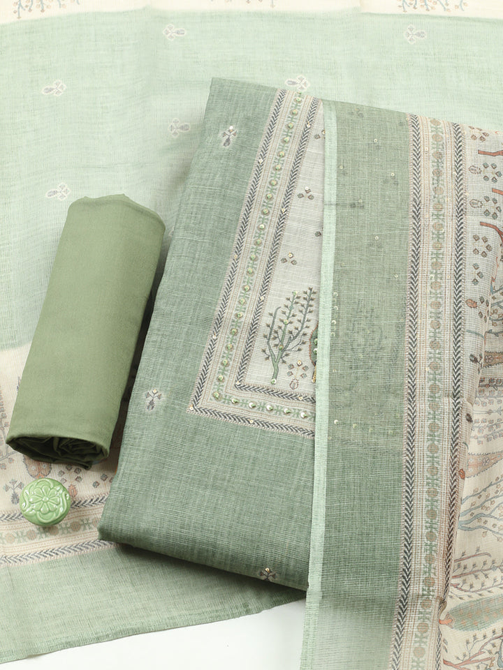 Printed Linen Blend Unstitched Suit With Pant &amp; Dupatta