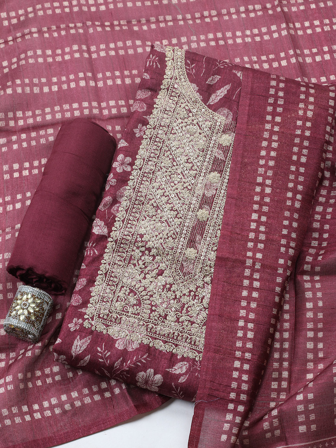 Embroidered Cotton Blend Unstitched Suit With Pant &amp; Dupatta