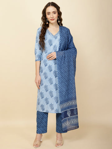 Block Print Cotton Suit Set With Dupatta