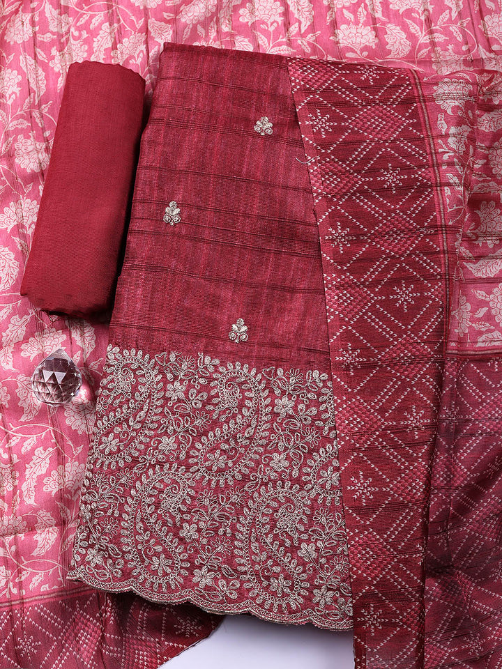 Embroidered Tussar Silk Unstitched Suit With Pant &amp; Dupatta