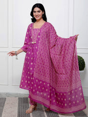 Printed Cotton Blend Kurta With Pants & Dupatta