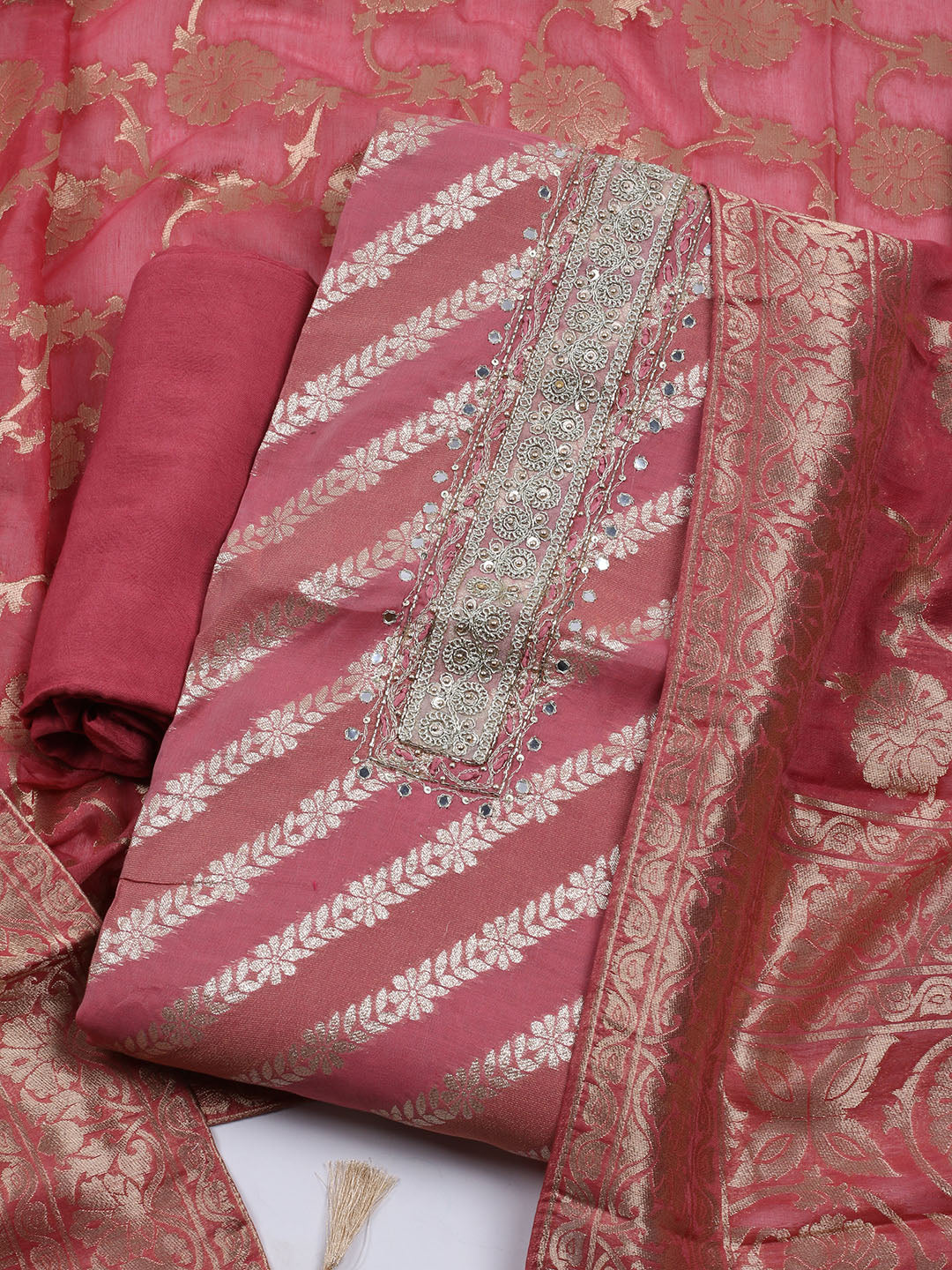 Embroidered Chanderi Unstitched Suit With Dupatta