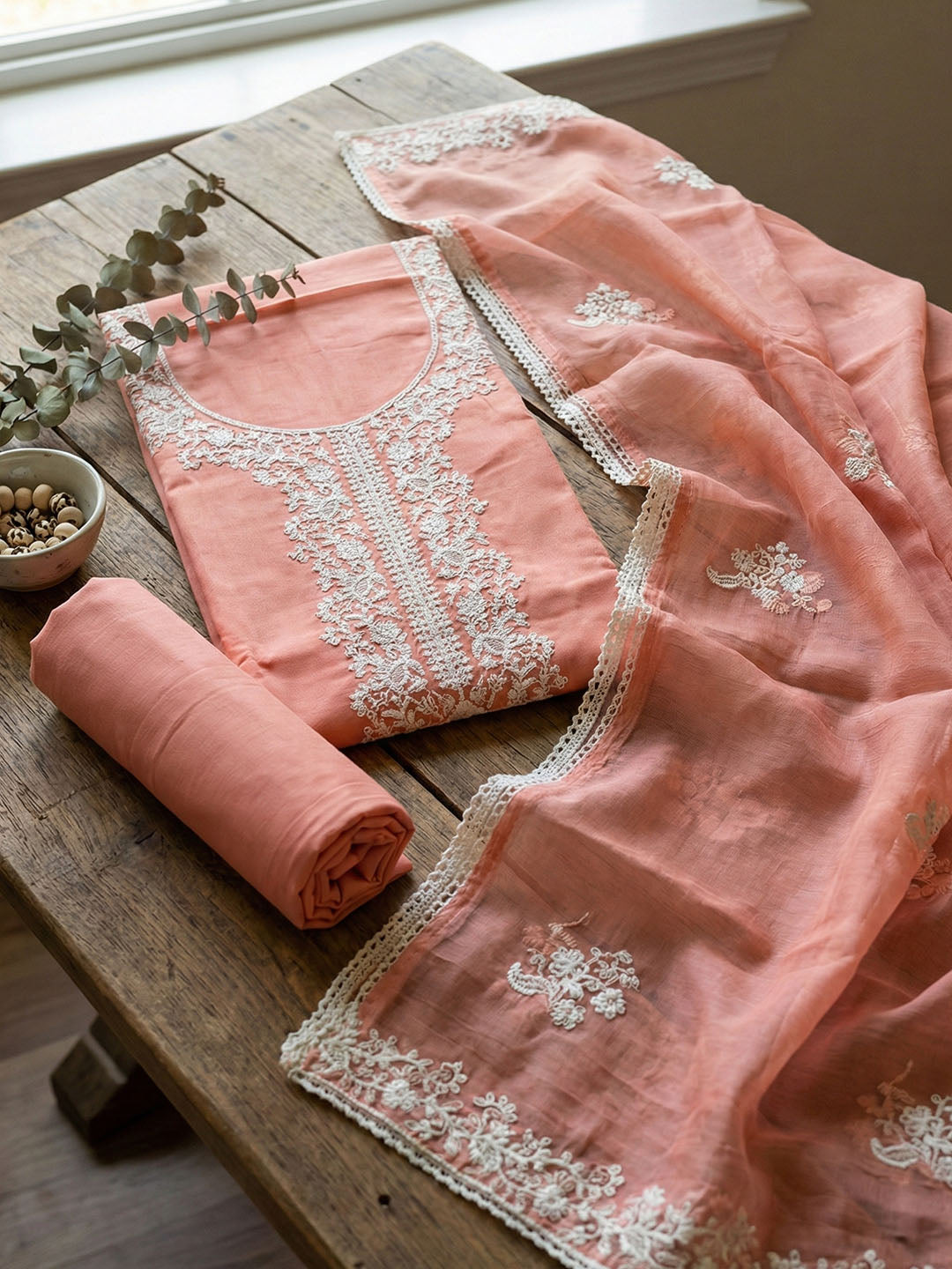 Embroidered Chanderi Unstitched Suit With Pant &amp; Dupatta