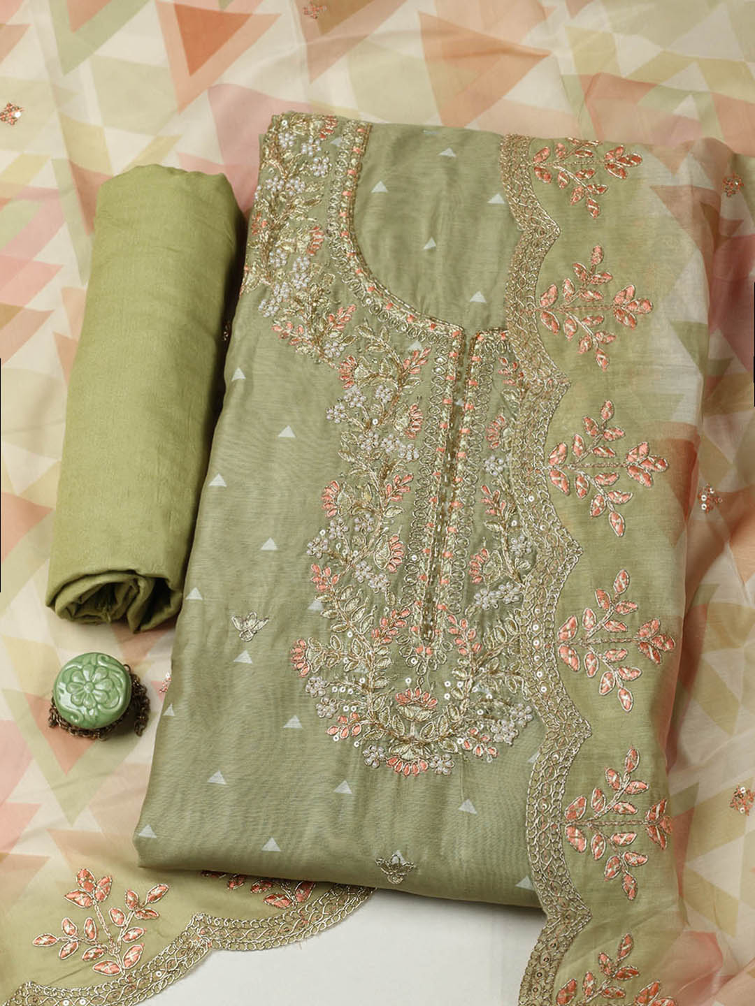 Embroidered Chanderi Unstitched Suit With Pant &amp; Dupatta