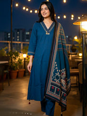 Embroidered Cotton Blend Kurta With Pant & Dupatta