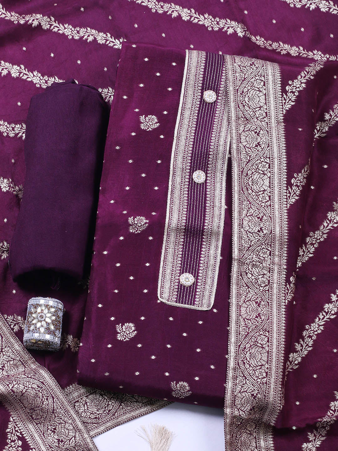 Woven Design Chanderi Unstitched Suit With Pant &amp; Dupatta