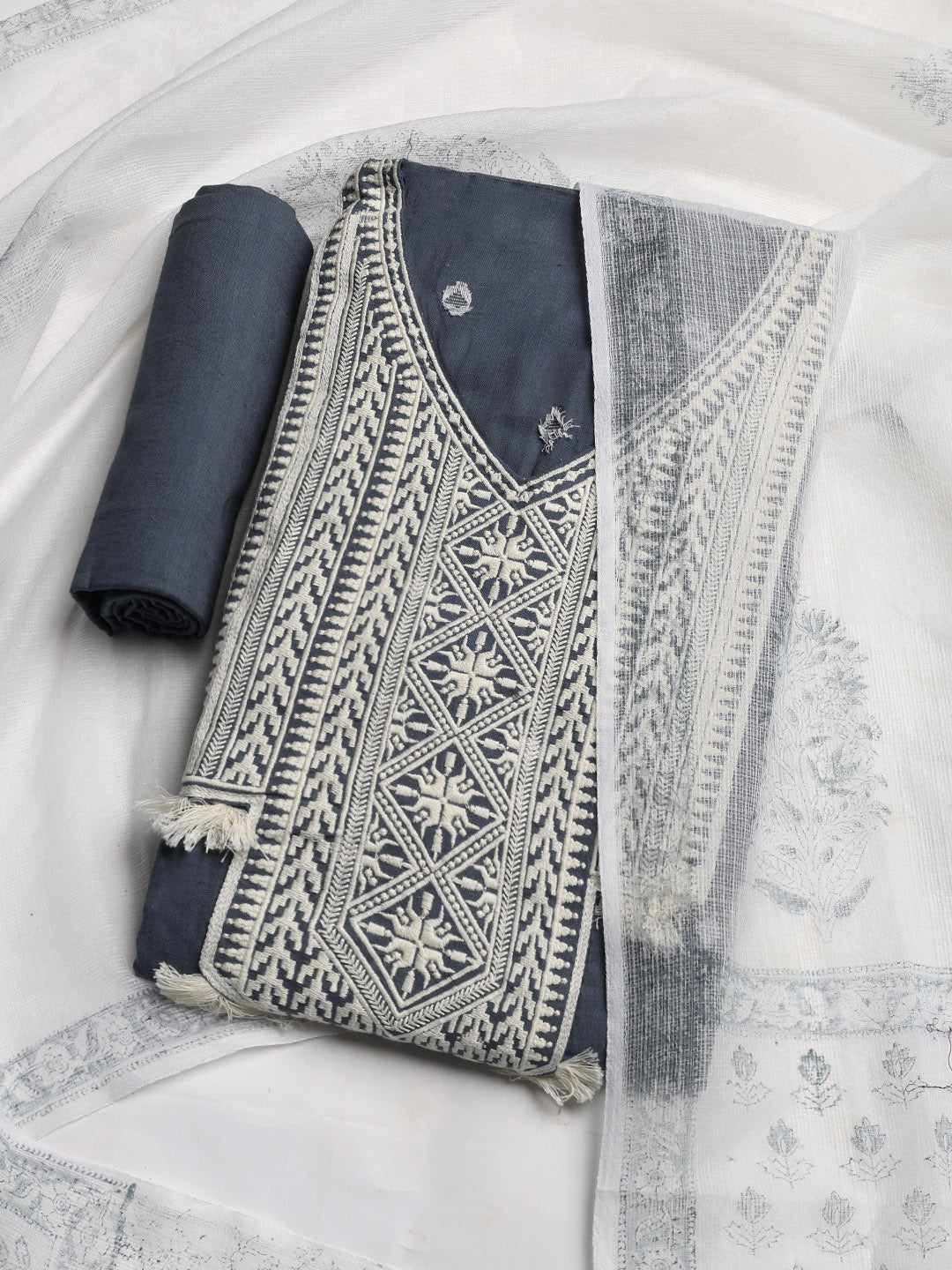 Neck Embroidered Cotton Blend Unstitched Suit With Dupatta