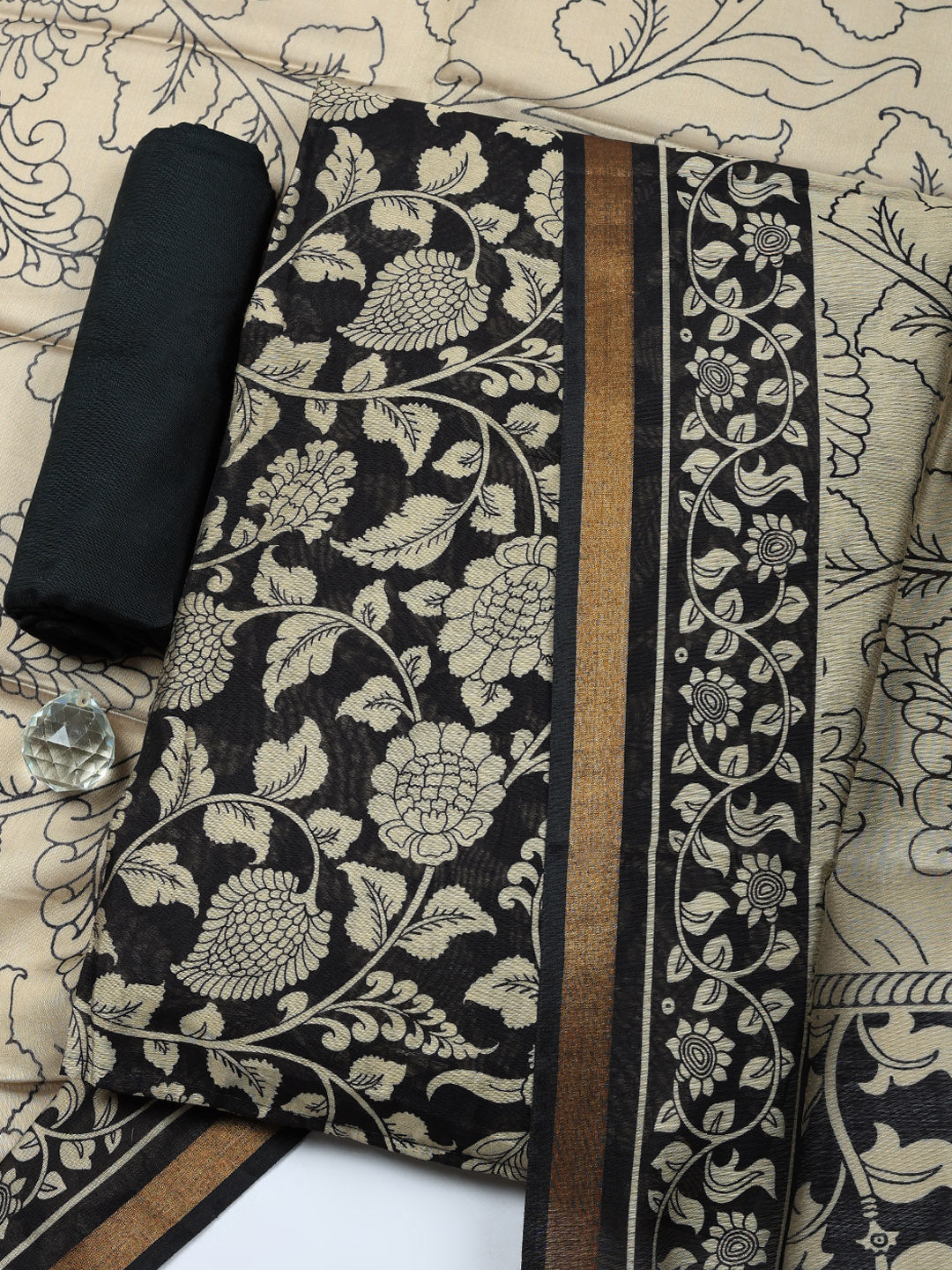 Printed Chanderi Unstitched Suit With Pant &amp; Dupatta