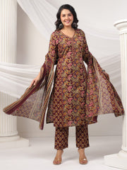 Printed Cotton Blend Kurta With Pants & Dupatta