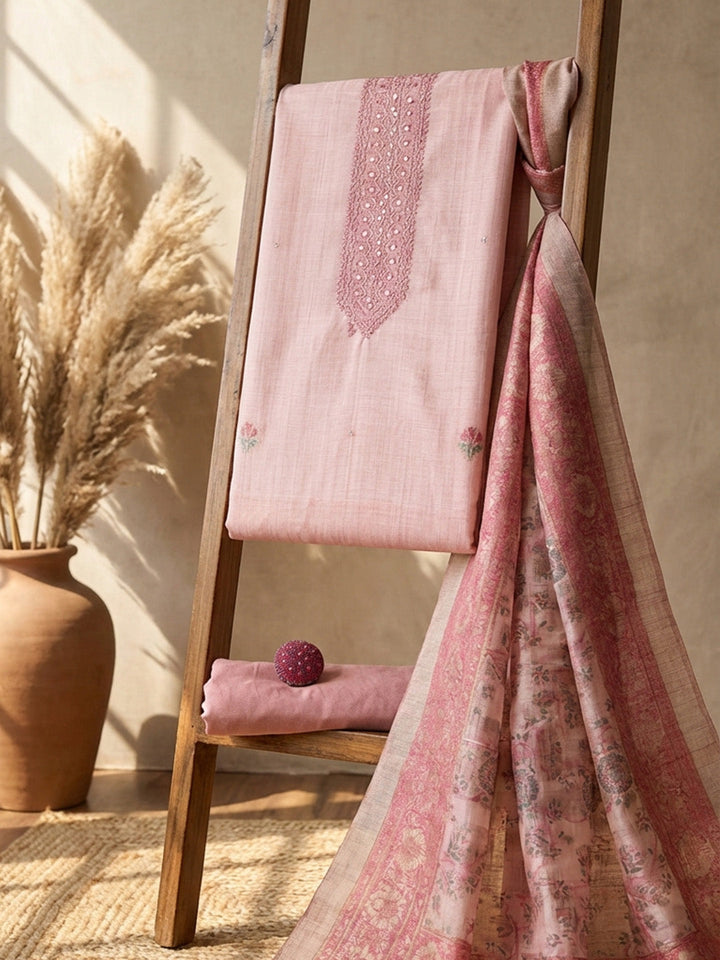 Embroidered Chanderi Unstitched Suit With Pant &amp; Dupatta