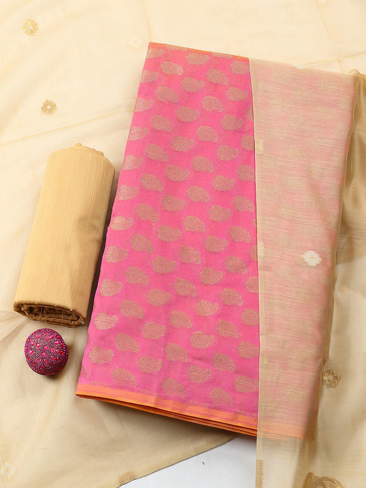 Printed Chanderi Unstitched Suit With Pant &amp; Dupatta