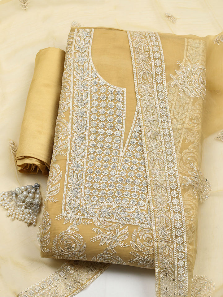 Embroidered Organza Unstitched Suit With Pant &amp; Dupatta
